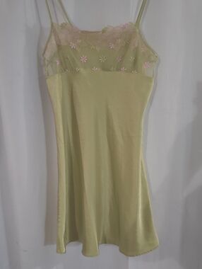 Satin Slip Chemise with Pink Floral Lace - Light Green